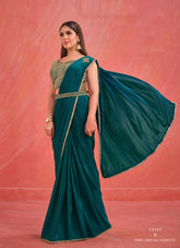 Partywear Crepe Silk Georgette Light Teal Colour Saree Looking Gaudy